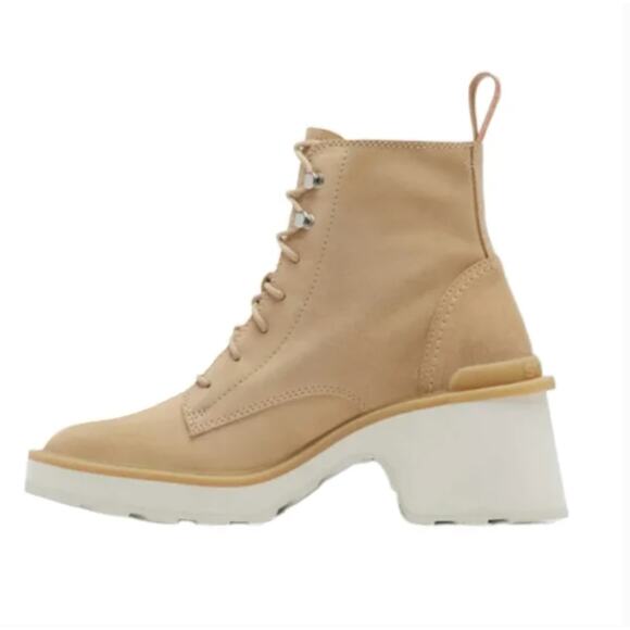 NWT Sorel Hi-Line Lace Up Chunky Heel Boots 7.5 Suede Tan Ankle Booties - Picture 3 of 9